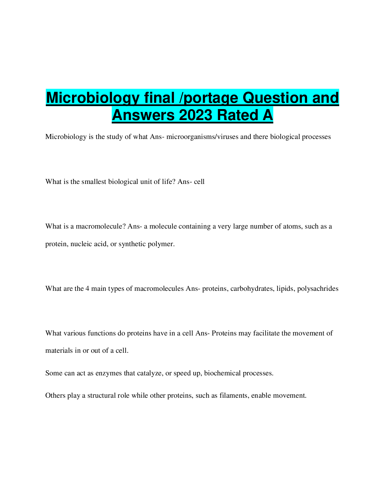 Preview image for Microbiology final /portage Question and  Answers 2023 Rated A
